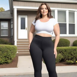 A young woman who is 50 feet tall is standing outside a house