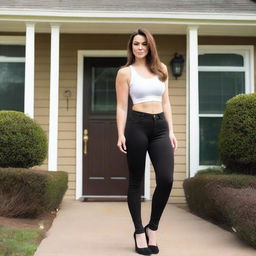 A young woman who is 50 feet tall is standing outside a house