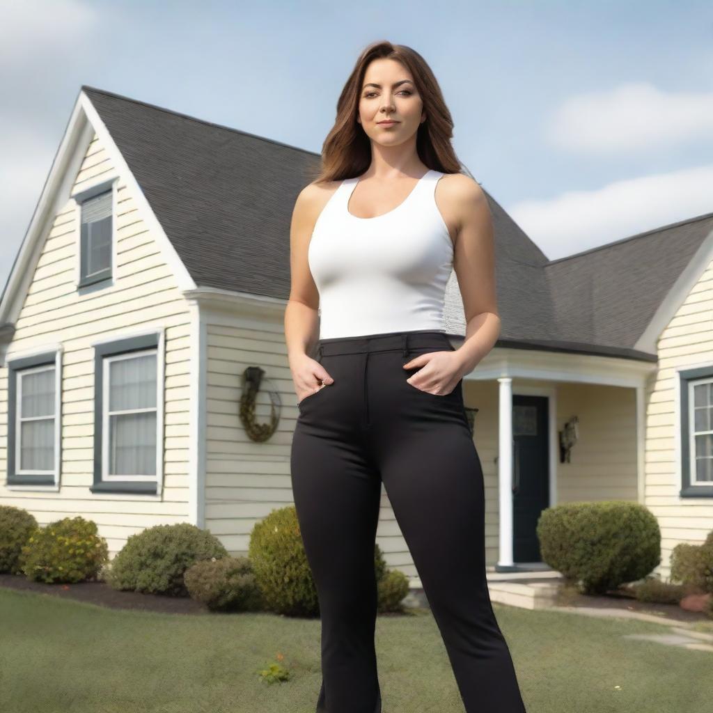 A young woman who is 50 feet tall is standing outside a house, towering over it