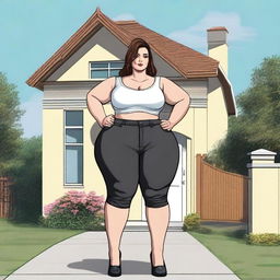 A young woman who is 50 feet tall is standing outside a house, towering over it with her crazy height