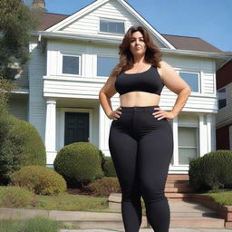 A young woman who is 50 feet tall is standing outside a house, towering over it with her crazy height