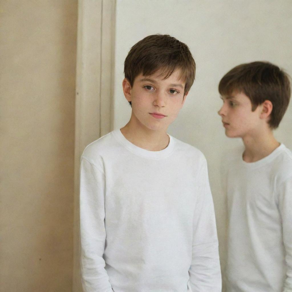 A young man standing in front of a mirror, the mirror reflecting his image as a child