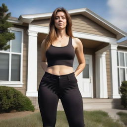 A young woman who is 50 feet tall is standing outside a house, towering over it with her incredible height