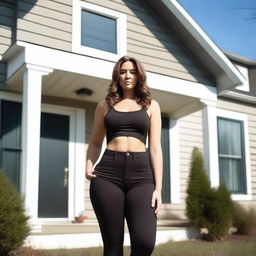 A young woman who is 50 feet tall is standing outside a house, towering over it with her incredible height