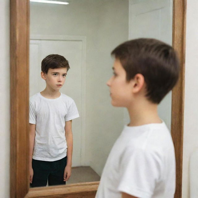 A young man standing in front of a mirror, the mirror reflecting his image as a child