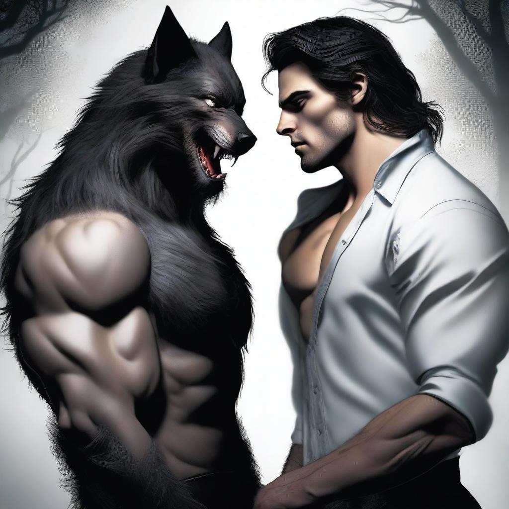 A dramatic scene featuring a male werewolf and a male vampire in a heated love rivalry over a beautiful girl