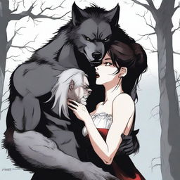 A dramatic scene featuring a male werewolf and a male vampire in a heated love rivalry over a beautiful girl