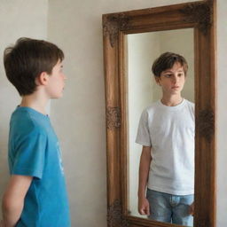 A young man standing in front of a mirror, the mirror reflecting his image as a child