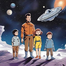 A man, his wife, and their two children—a boy and a girl—are lost in space