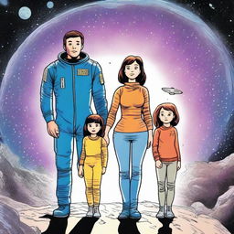 A man, his wife, and their two children—a boy and a girl—are lost in space