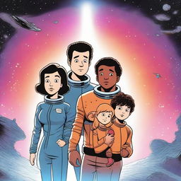 A man, his wife, and their two children—a boy and a girl—are lost in space