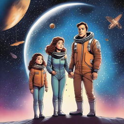 A man, his wife, and their two children—a boy and a girl—are lost in space