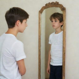 A young man standing in front of a mirror, the mirror reflecting his image as a child