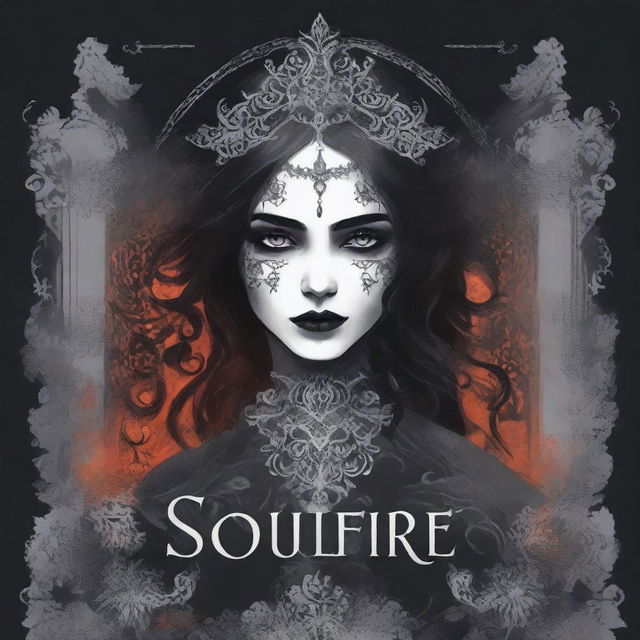 Create a book cover image titled 'Soulfire' featuring vibrant shades of grey and black to capture a gothic aesthetic