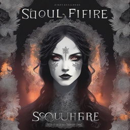 Create a book cover image titled 'Soulfire' featuring vibrant shades of grey and black to capture a gothic aesthetic