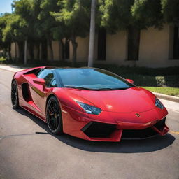 A shiny, sleek Lamborghini in an intense racing red color, glistening under the vibrant afternoon sun.