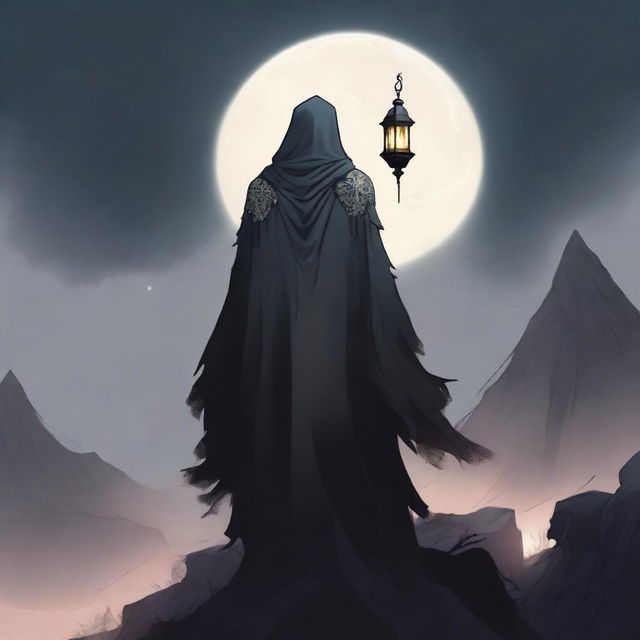 The back of an undead lord standing atop a high mountain, wearing a cloak that exudes an aura of death