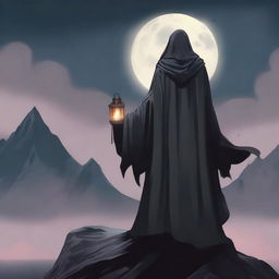 The back of an undead lord standing atop a high mountain, wearing a cloak that exudes an aura of death