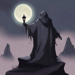 The back of an undead lord standing atop a high mountain, wearing a cloak that exudes an aura of death