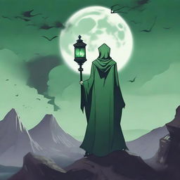 The back of an undead lord standing atop a high mountain, wearing a cloak that exudes an aura of death