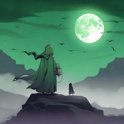 The back of an undead lord standing atop a high mountain, wearing a cloak that exudes an aura of death