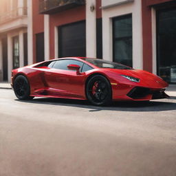 A shiny, sleek Lamborghini in an intense racing red color, glistening under the vibrant afternoon sun.