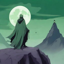 The back of an undead lord standing atop a high mountain, wearing a cloak that exudes an aura of death