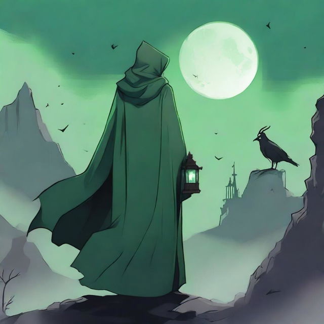 The back of an undead lord standing atop a high mountain, wearing a cloak that exudes an aura of death