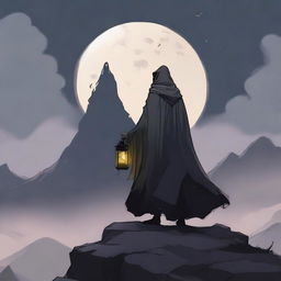 The back of an undead lord standing atop a high mountain, wearing a cloak that exudes an aura of death