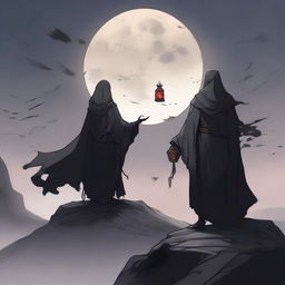 The back of an undead lord standing atop a high mountain, wearing a cloak that exudes an aura of death