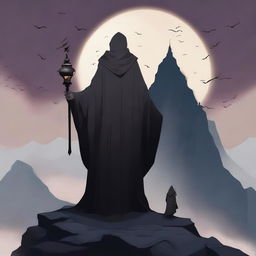 The back of an undead lord standing atop a high mountain, wearing a cloak that exudes an aura of death