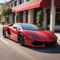 A shiny, sleek Lamborghini in an intense racing red color, glistening under the vibrant afternoon sun.