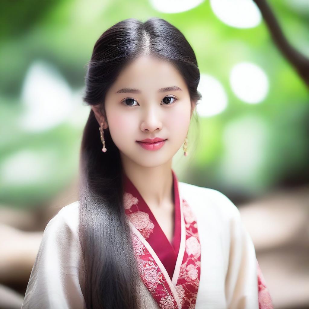 A portrait of an Asian girl with a serene expression, set against a beautiful natural background