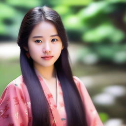 A portrait of an Asian girl with a serene expression, set against a beautiful natural background