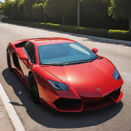 A shiny, sleek Lamborghini in an intense racing red color, glistening under the vibrant afternoon sun.