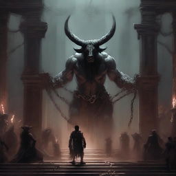 A chained minotaur stands helplessly before a grand altar, as his allies are seen disappearing into the abyss