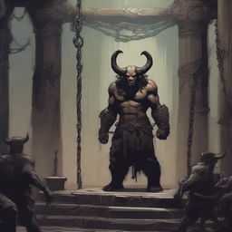 A chained minotaur stands helplessly before a grand altar, as his allies are seen disappearing into the abyss