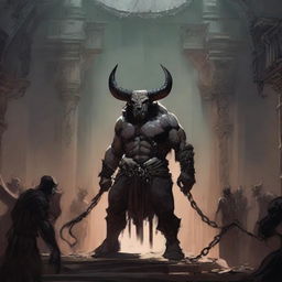 A chained minotaur stands helplessly before a grand altar, as his allies are seen disappearing into the abyss