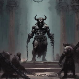 A chained minotaur stands helplessly before a grand altar, as his allies are seen disappearing into the abyss