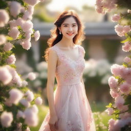 A romantic girl with a charming smile, dressed in a beautiful dress, standing in a picturesque garden with blooming flowers