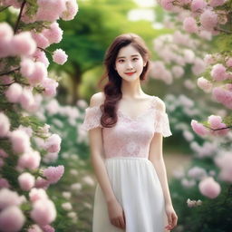 A romantic girl with a charming smile, dressed in a beautiful dress, standing in a picturesque garden with blooming flowers