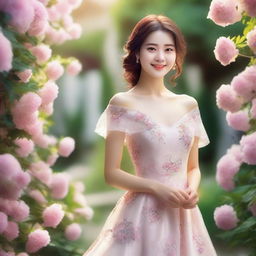 A romantic girl with a charming smile, dressed in a beautiful dress, standing in a picturesque garden with blooming flowers