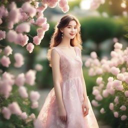 A romantic girl with a charming smile, dressed in a beautiful dress, standing in a picturesque garden with blooming flowers