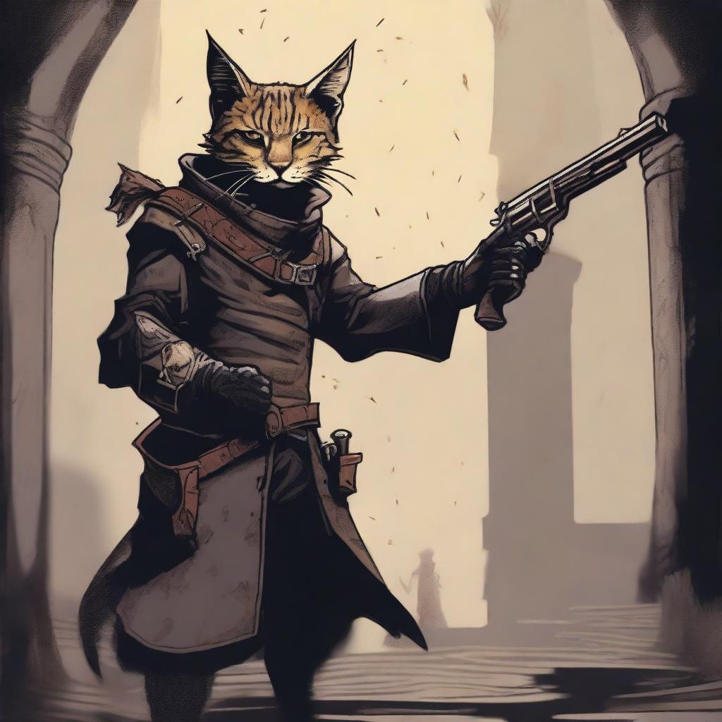 A Tabaxi hunter stands in the midst of a dark, twisting labyrinth