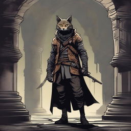 A Tabaxi hunter stands in the midst of a dark, twisting labyrinth