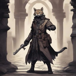 A Tabaxi hunter stands in the midst of a dark, twisting labyrinth