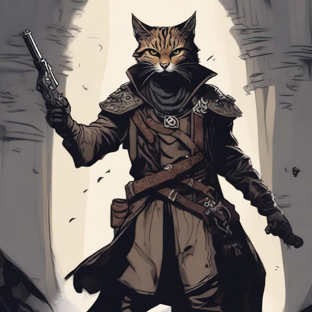 A Tabaxi hunter stands in the midst of a dark, twisting labyrinth