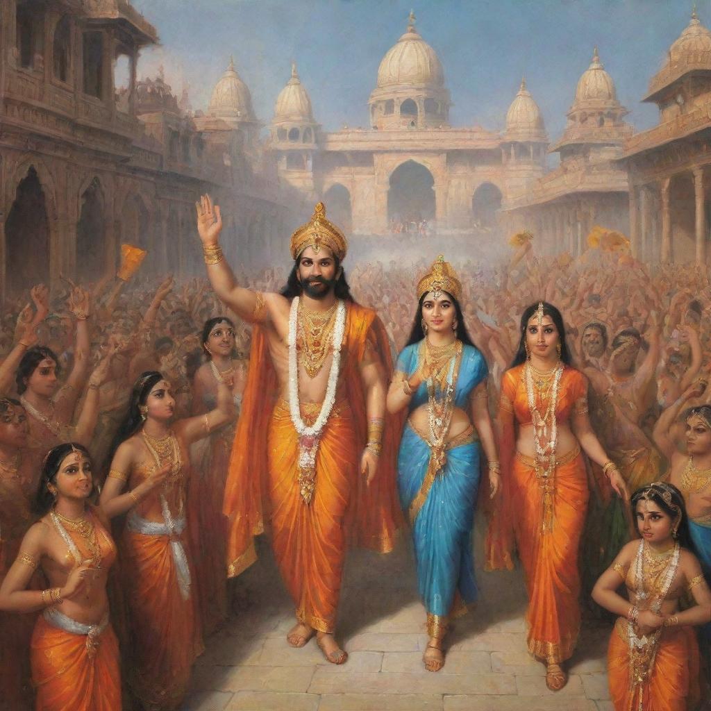 Shree Ram and his wife, Sita, returning to the ancient city of Ayodhya after their years of exile, surrounded by cheering citizens, festooned streets, and divine energy.