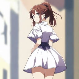 An anime girl with a large posterior wearing a short dress, standing and turning around