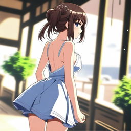 An anime girl with a large posterior wearing a short dress, standing and turning around